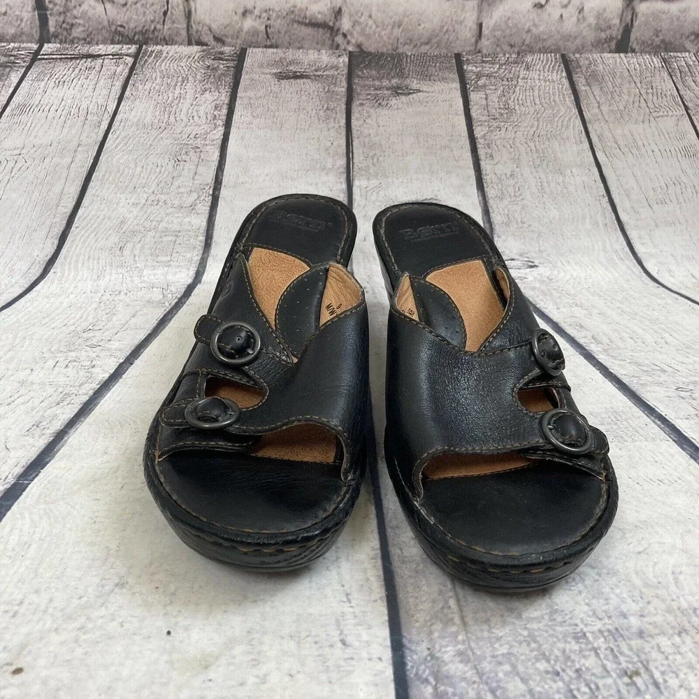 Born Sandals‎ Womens Size 9 Leather Black Side Buckle Strap Mule